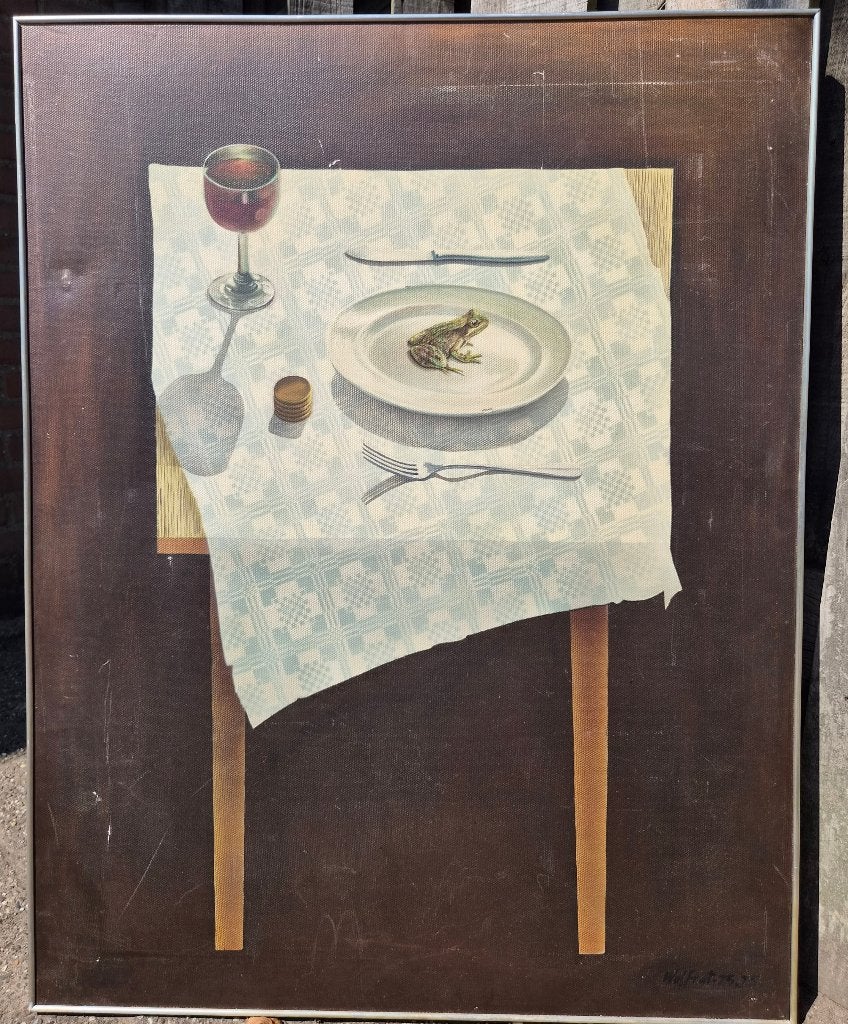 Kees WOLFRAT (1942) "Kikker" 1975 hyper realisme olie/doek, Doek, Realistisch, Stilleven, Ophalen of Verzenden