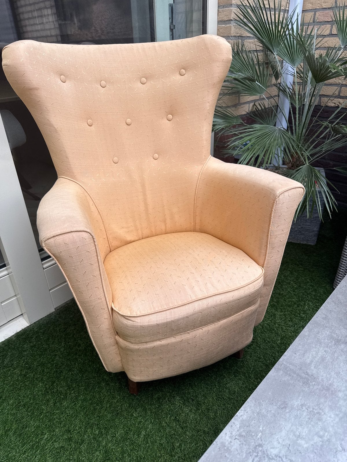 Vintage Oorfauteuil - Crème/Lichtgeel Stof, Gebruikt, 75 tot 100 cm, Ophalen of Verzenden, Stof