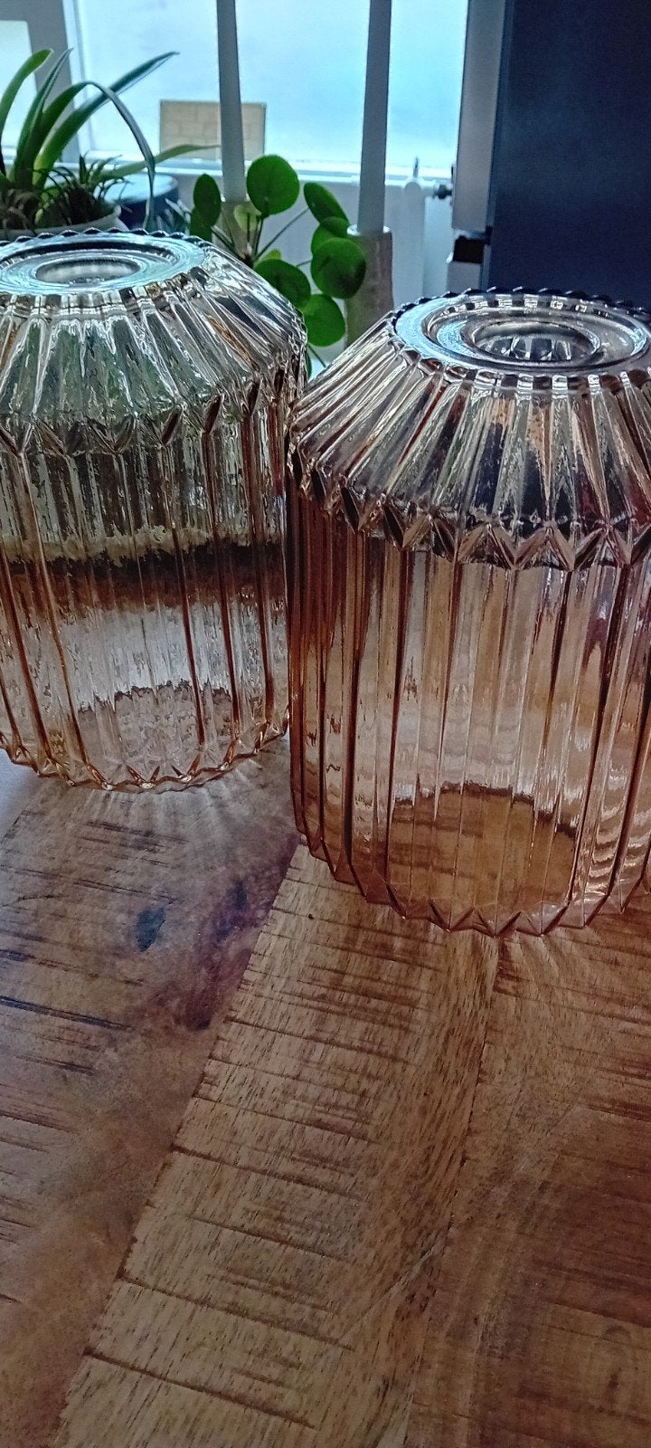 Set van 2 amberkleurige glazen lampenkappen met ribbels, Ophalen, Overige kleuren, Met patroon/structuur, Glas