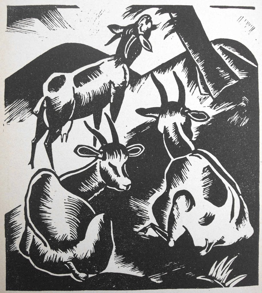 Ulrich Hallerstede (1899-1978) Houtsnede 'geiten' 1925, Antiek en Kunst, Ophalen of Verzenden