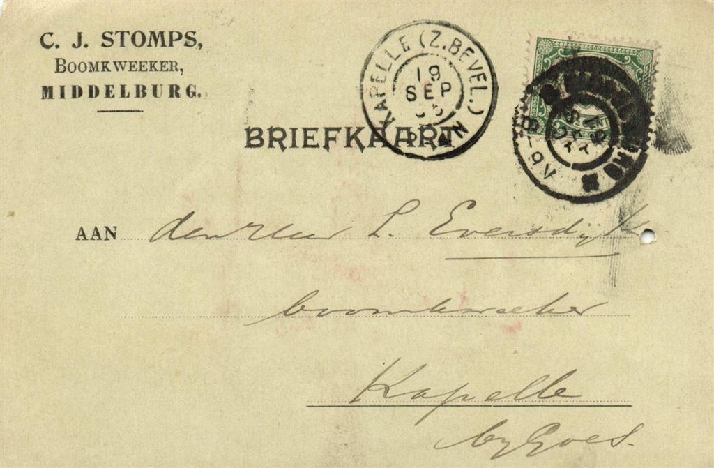 C.J. Stomps, Boomkweeker, Middelburg - 09.1905 - briefkaart, Ophalen of Verzenden, Briefkaart