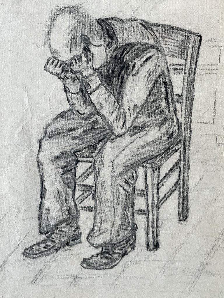 TEKENING - Naar Van Gogh - Treurende man - Super!! P0576, Ophalen of Verzenden, Overige technieken, 1900 - 1949