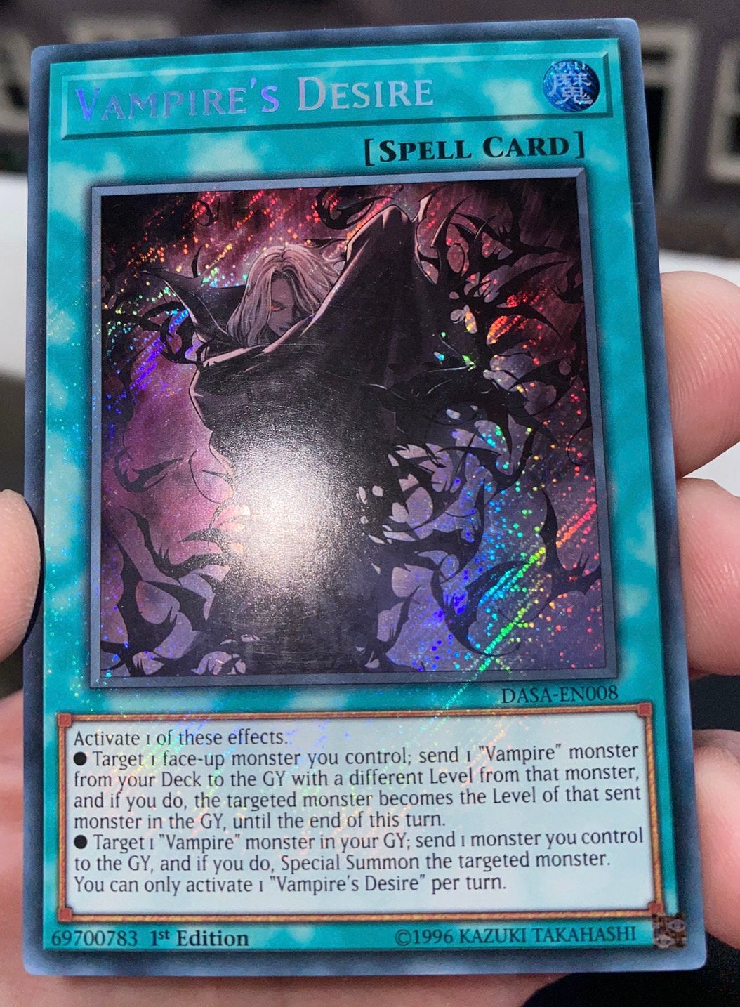 Yu-Gi-Oh! Vampire’s Desire DASA 1st Edition Foil Bleed 🩸, Ophalen of Verzenden, Zo goed als nieuw, Losse kaart, Foil