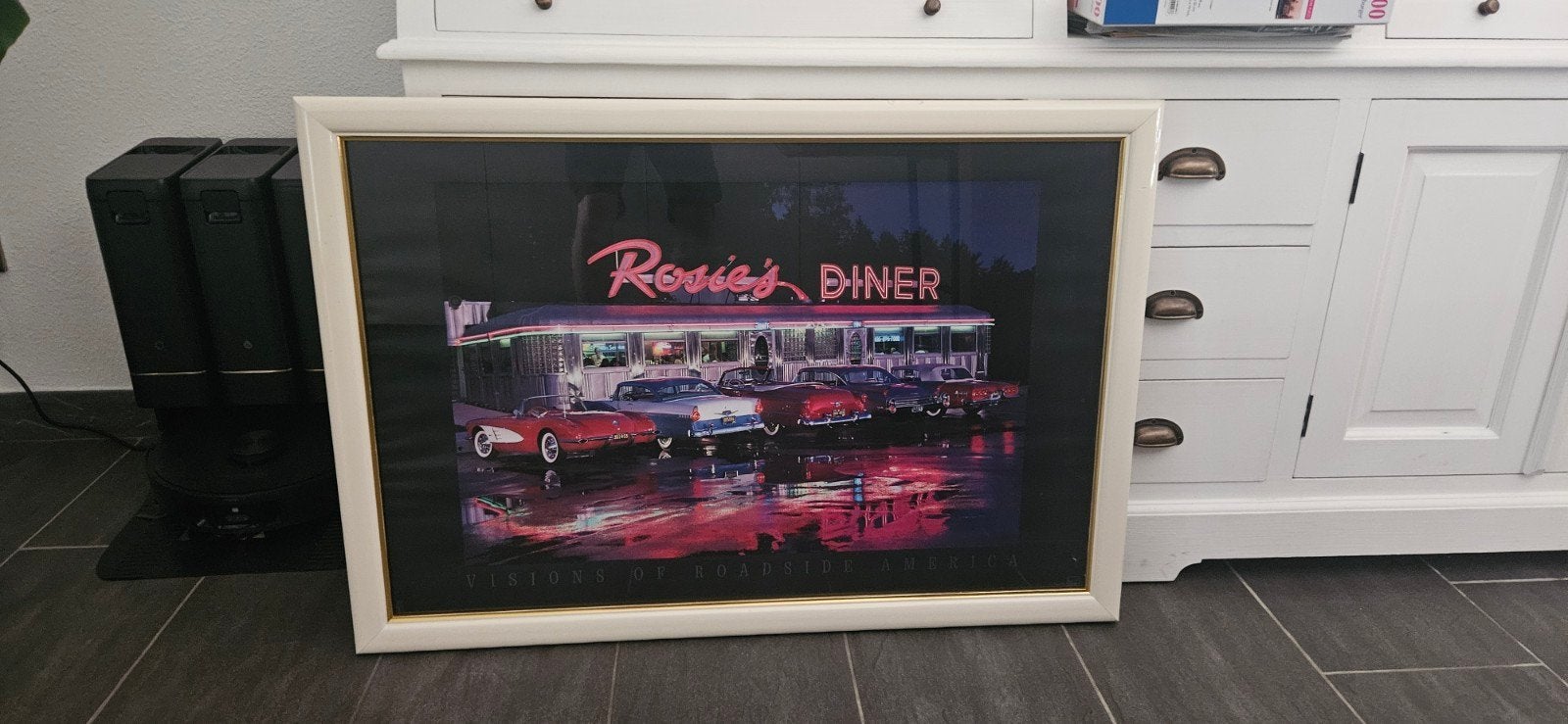 Schilderij jaren '50 diner met klassieke auto's 100x70, Antiek en Kunst, Ophalen