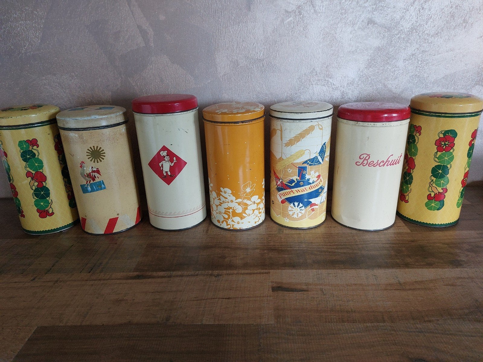 Set van 7 vintage beschuit bussen - voorraadblikken, Antiek en Kunst, Ophalen