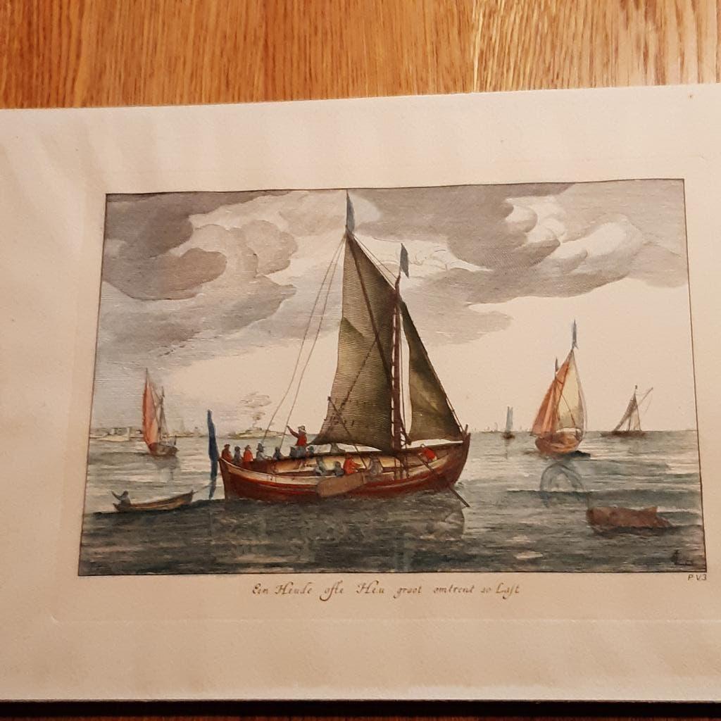 Ingekleurde Ets, P. V.3, zeilschip genaamd Heude., Handgekleurd, Ets, 14 cm, Landschap