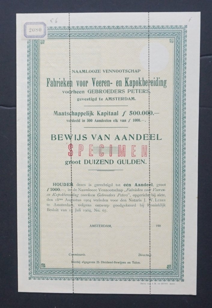 Fabrieken voor Veeren- en Kapokbereiding v/h Gebr.Peters, Verzenden, Voor 1920, Aandeel