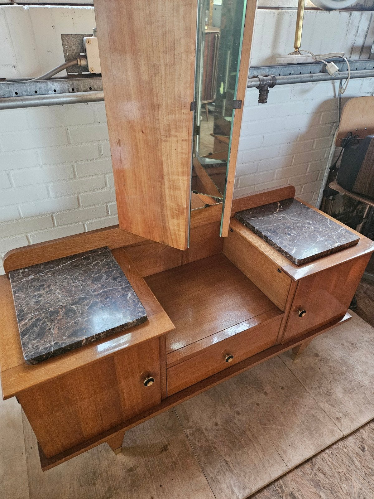Vintage kaptafel vanity met marmeren planchets, Ophalen, Gebruikt, 100 tot 150 cm, Vintage