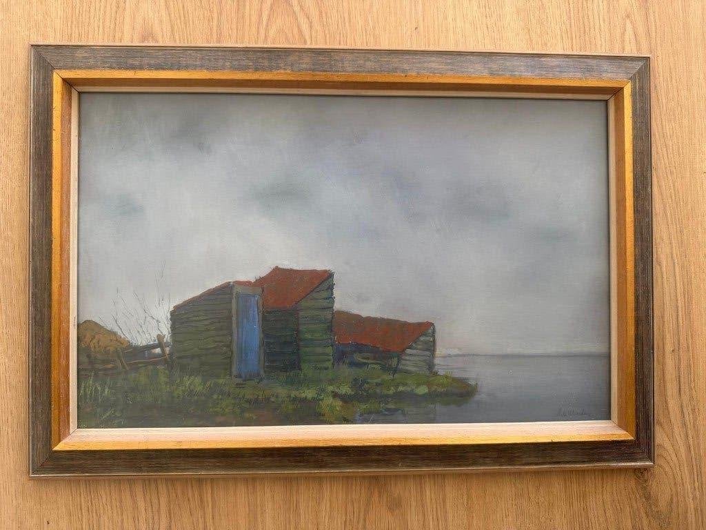 Gesigneerd Nederlands landschap, Antiek en Kunst, Ophalen, Achter glas