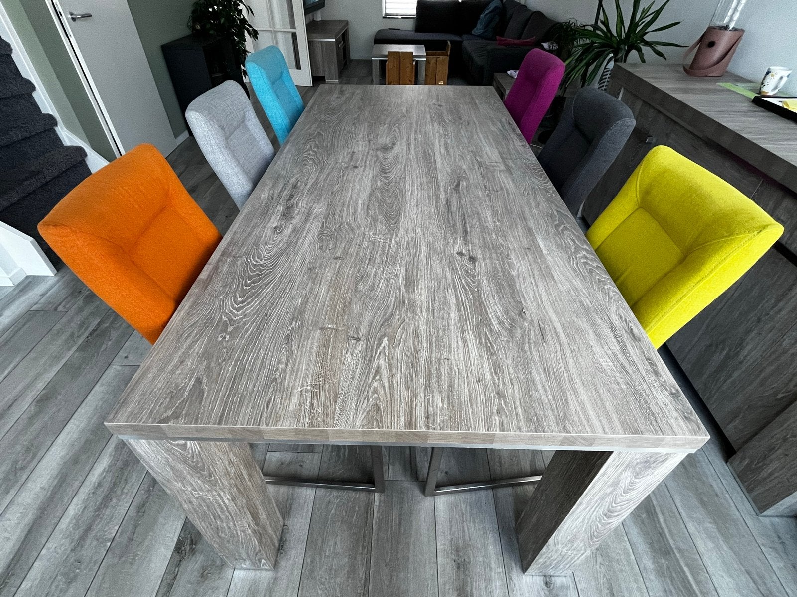 Grote eettafel in houtlook, Huis en Inrichting, Ophalen, Gebruikt, 50 tot 100 cm, 150 tot 200 cm