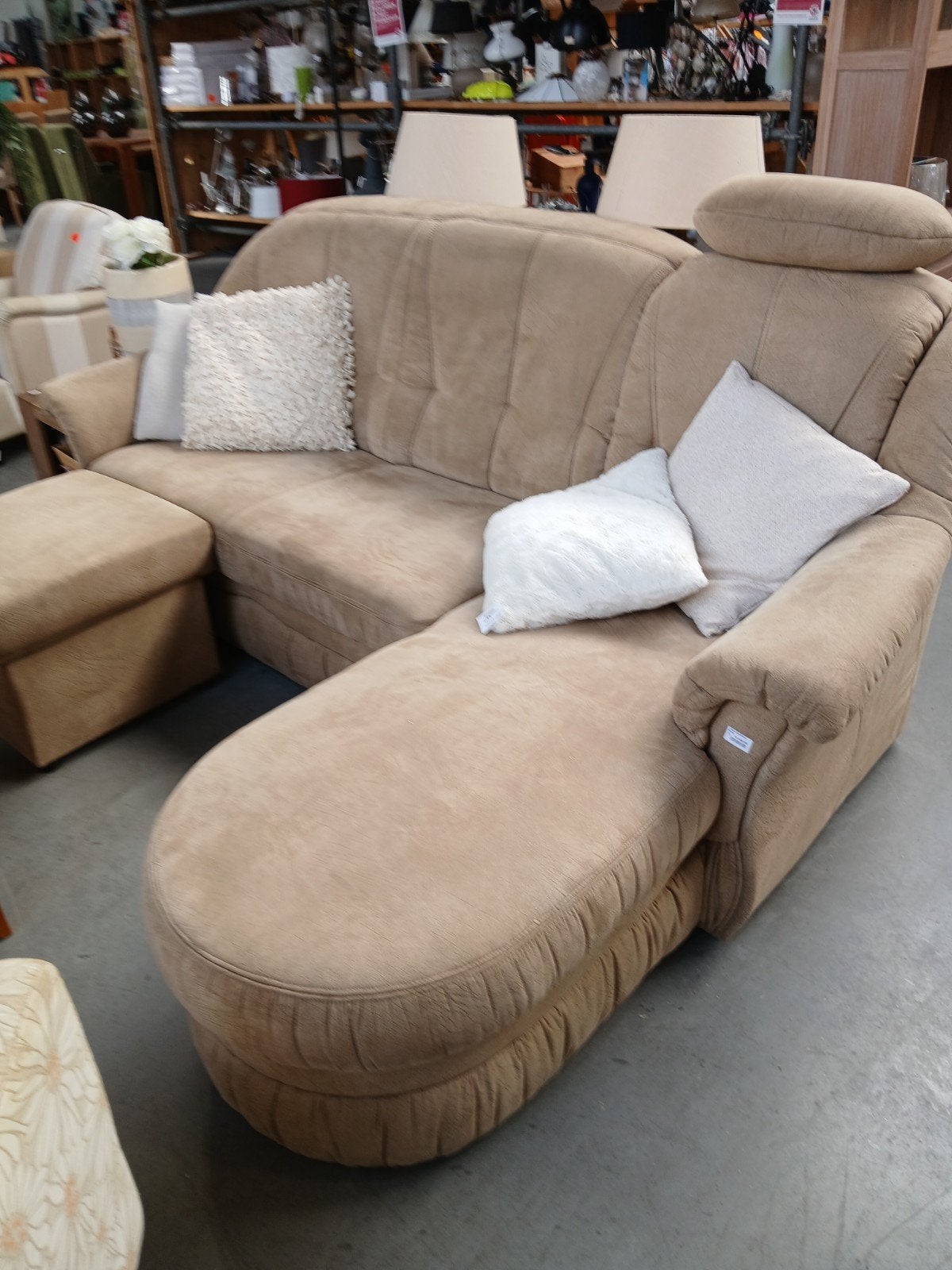 Comfortabele hoekbank met chaise longue - Beige stof, Ophalen, Gebruikt, Driepersoons, 200 tot 250 cm