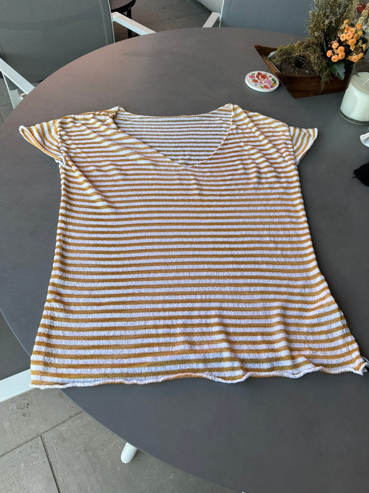 Nieuwe oranje/geel-wit gestreeept Nukus shirt, maat M = XL, Maat 46/48 (XL) of groter, Nieuw, Korte mouw, Nukus
