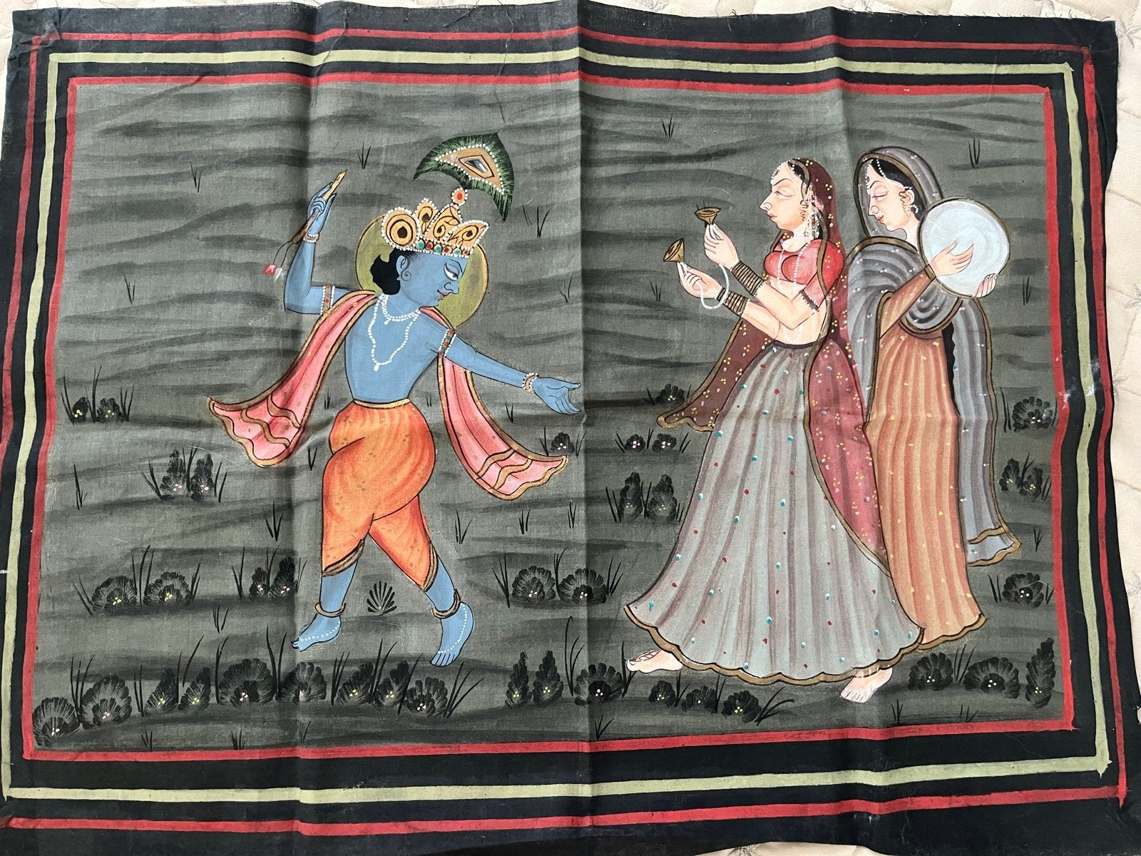Oud Indiaas Schilderij: Krishna en Gopi's, Antiek en Kunst, India, Ophalen of Verzenden, Meerkleurig, Geschilderd