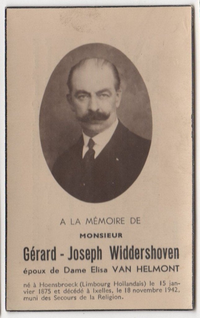 Gerard J. Widdershoven 1875 Hoensbroek + 1942 Ixelles, 67 jr, Verzenden