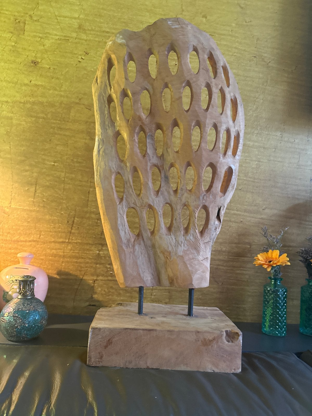 Unieke houten sculptuur op sokkel - Abstract design, Handgemaakt, Beeld, Bruin, Modern