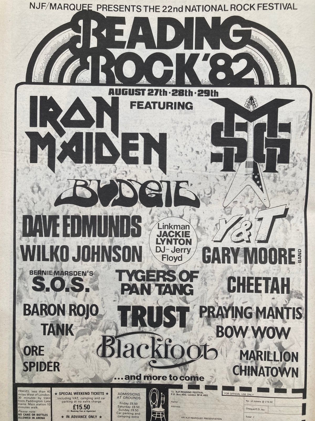 Paginagrote A3 advertentie READING FESTIVAL 1982 Iron Maiden, Verzamelen, Ophalen of Verzenden, A1 t/m A3
