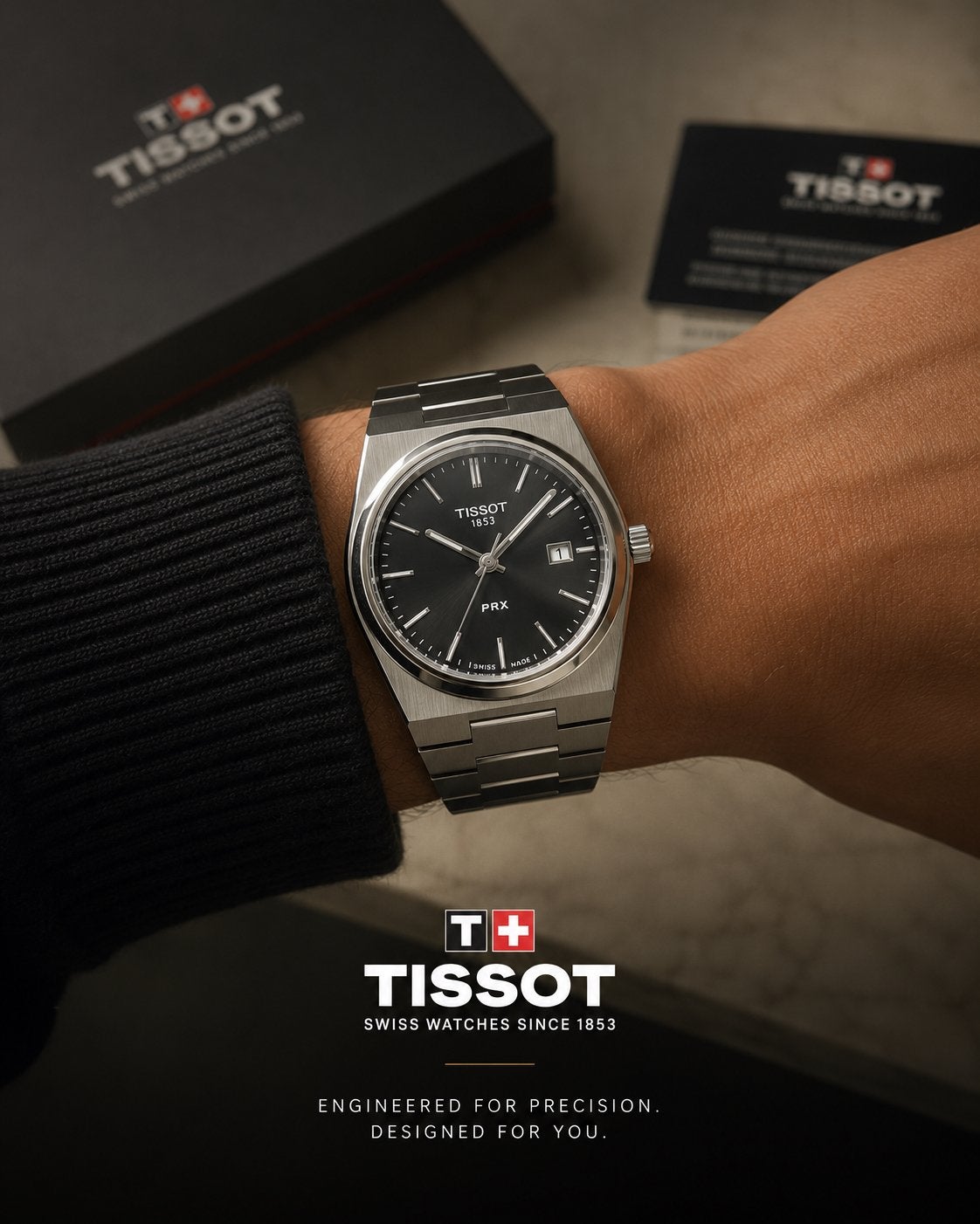 Tissot PRX Zwart – Complete Set – Nieuwstaat, Verzenden, Zo goed als nieuw, Staal, Overige merken