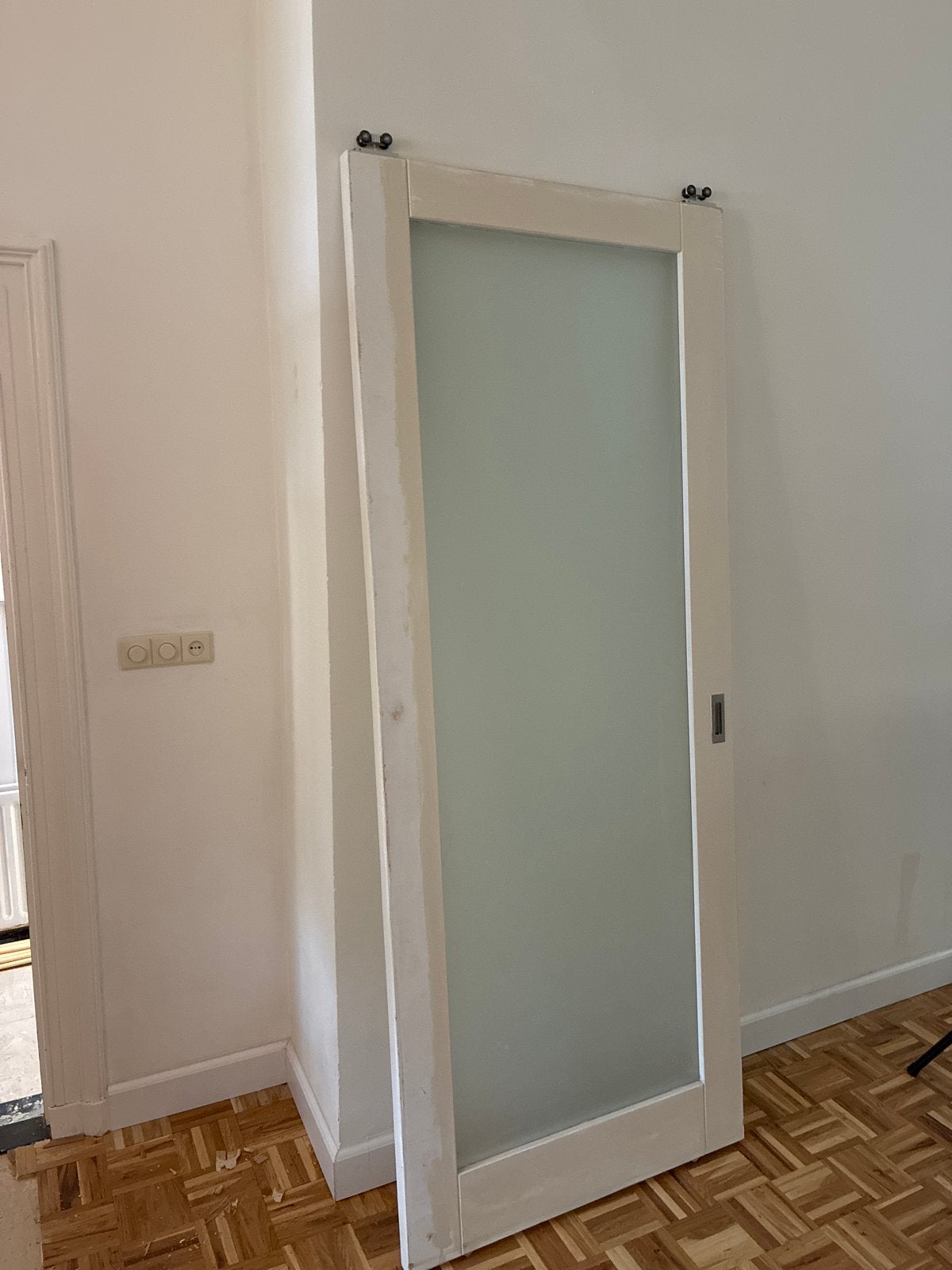 Roldeur met rails - Schuifdeur met matglas, Ophalen, Gebruikt, 80 tot 100 cm, 215 cm of meer