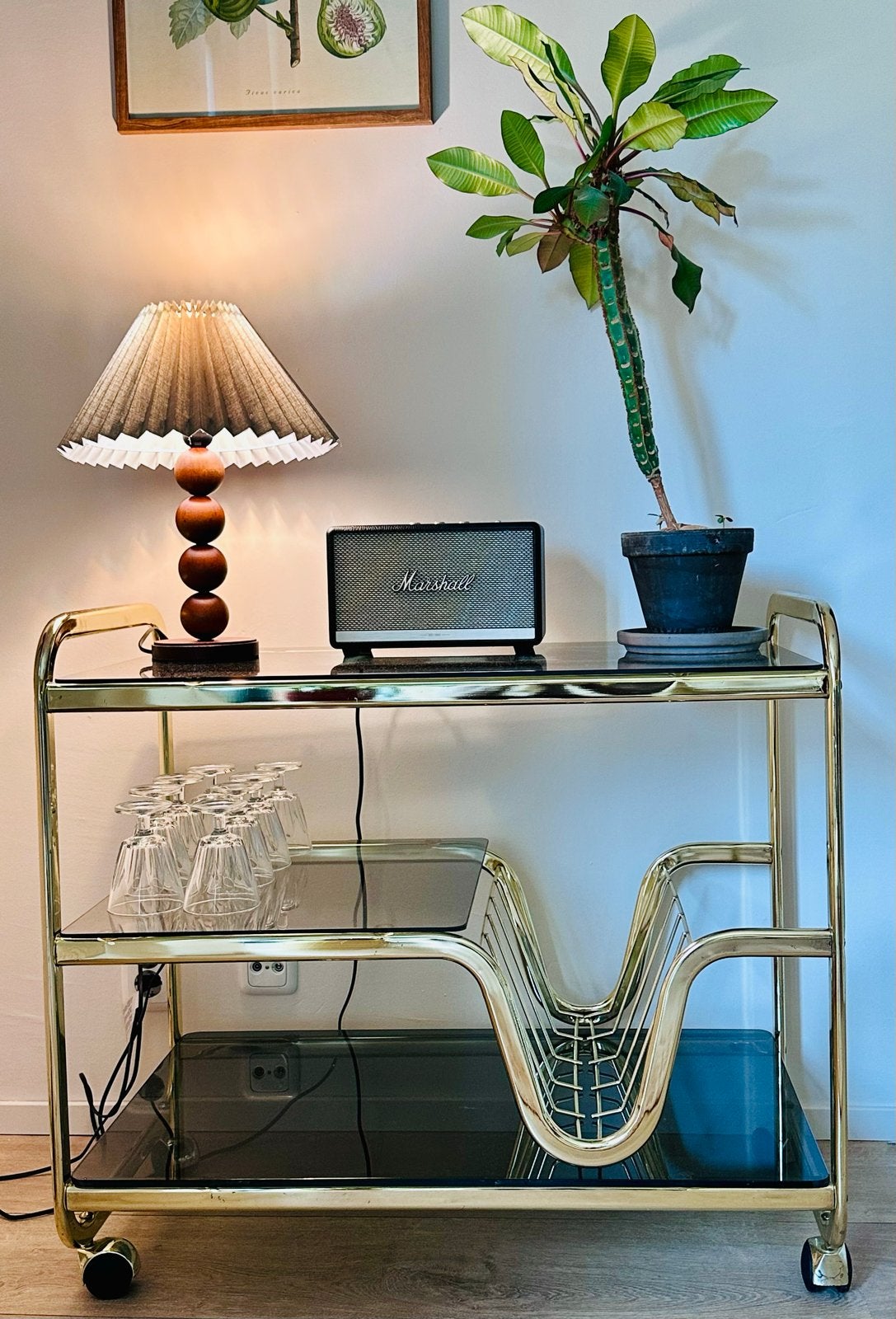 Retro/Vintage gouden serveerkar/ drankentrolley met rookglas, Ophalen, Vintage, Gebruikt, Goud
