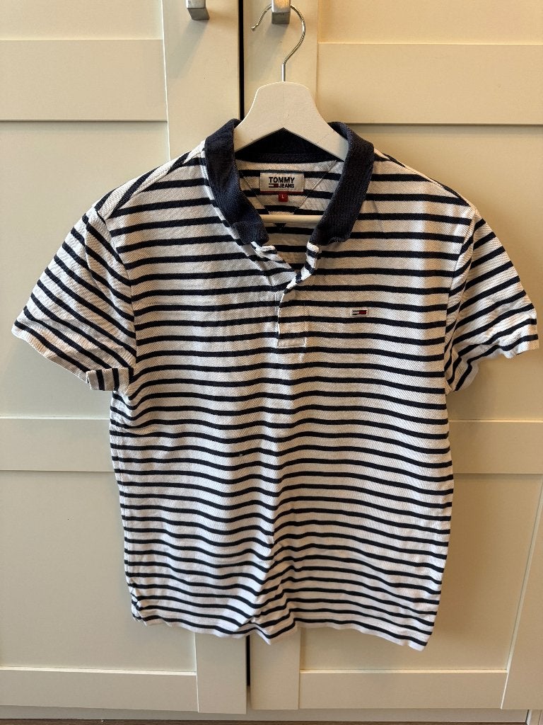 Tommy Hilfiger Polo, blauw-wit gestreept, Maat 52/54 (L), Wit, Tommy Hilfiger, Ophalen of Verzenden