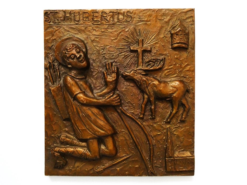 Grote bronzen plaquette van St. Hubertus met hert, Ophalen of Verzenden