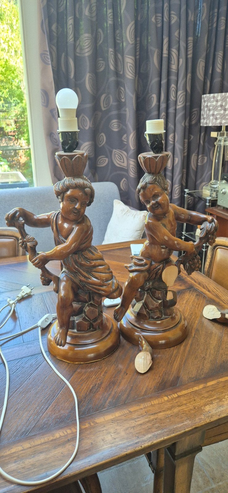 Set van 2 decoratieve houten tafellampen met cherubijnen, Ophalen of Verzenden