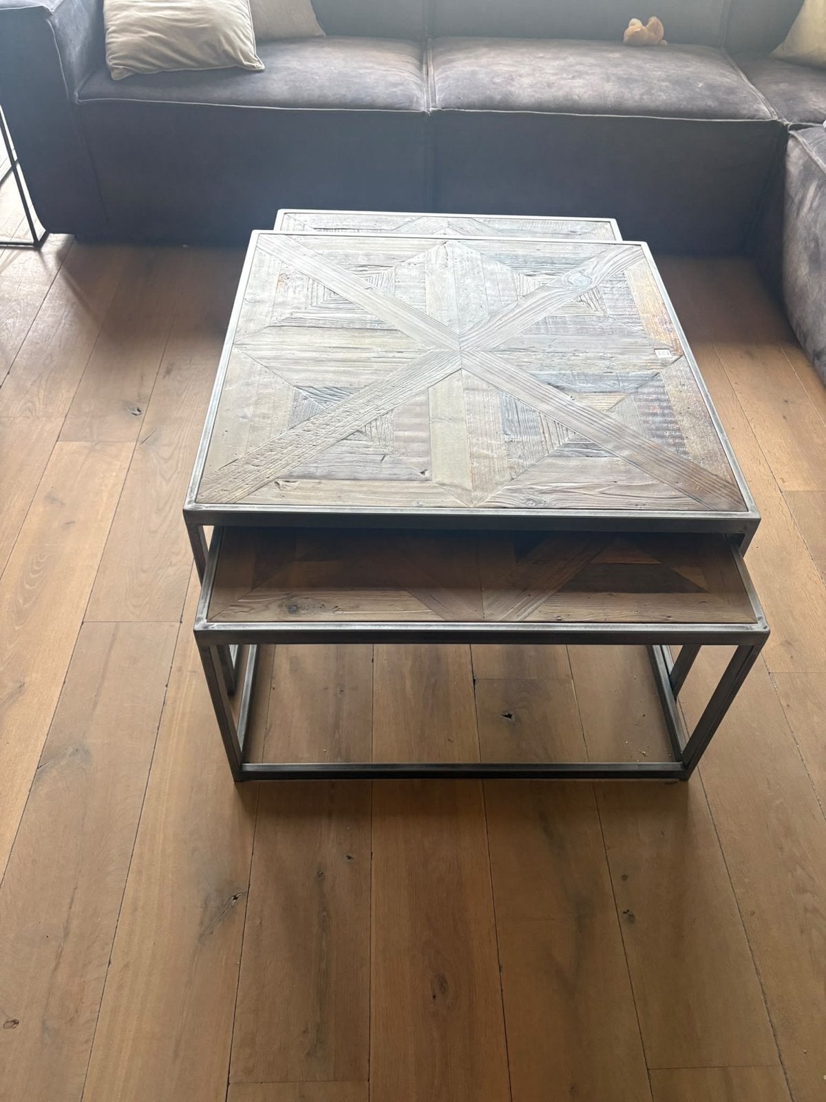 Riviera mason salontafels met houten blad en metalen frame, Ophalen, Gebruikt, 50 tot 100 cm, Overige houtsoorten