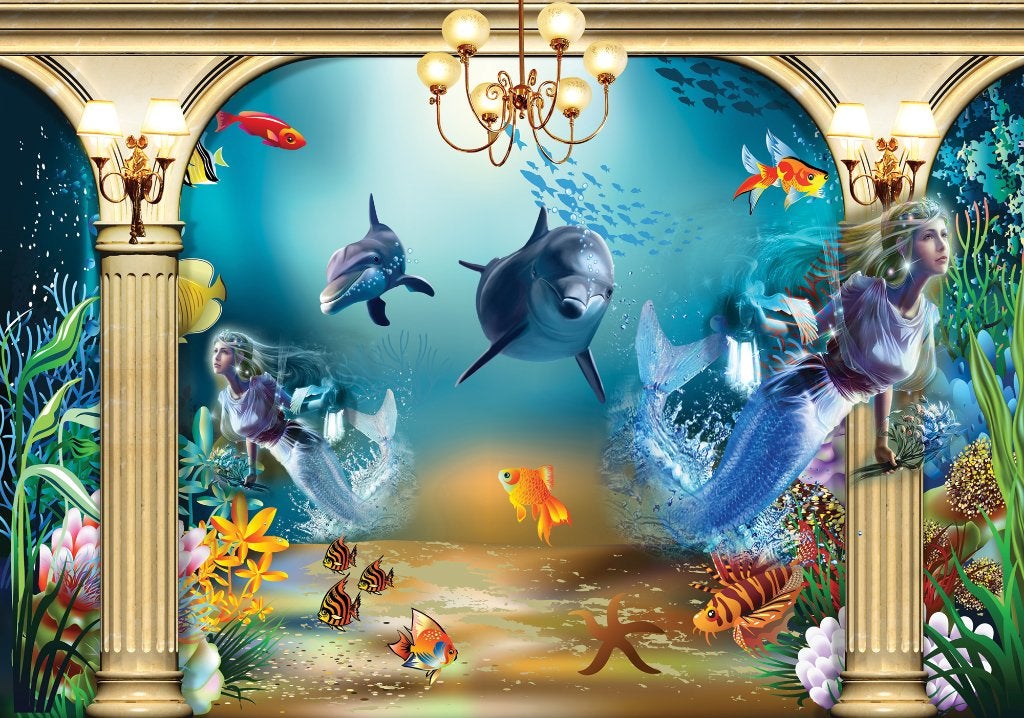 3D Onderwater fotobehang Zeemeermin dolfijnen *Muurdeco4kids, Verzenden, Nieuw