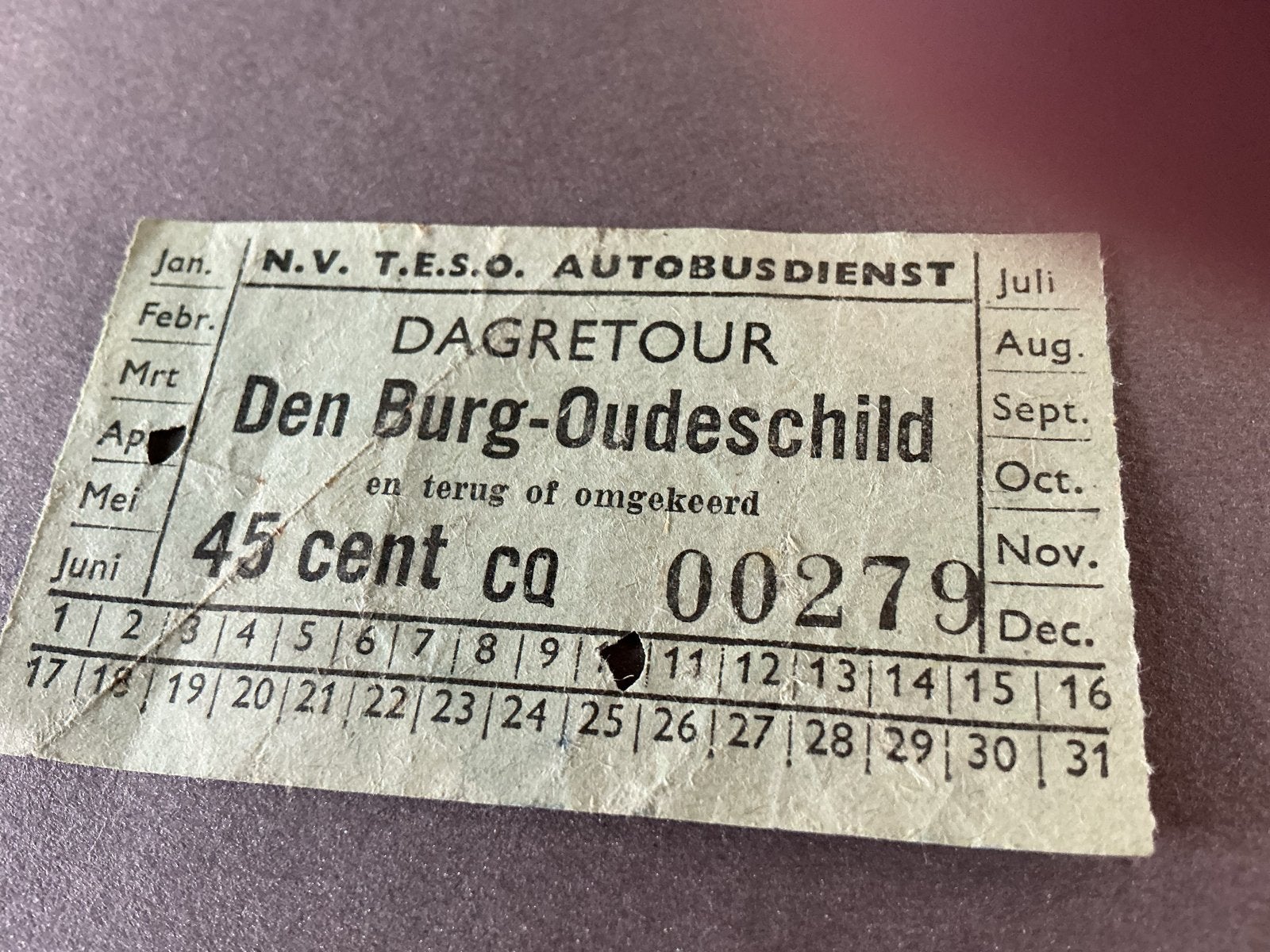 Oud buskaartje N.V. T.E.S.O. Dagretour Den Burg-Oudeschild, Verzenden