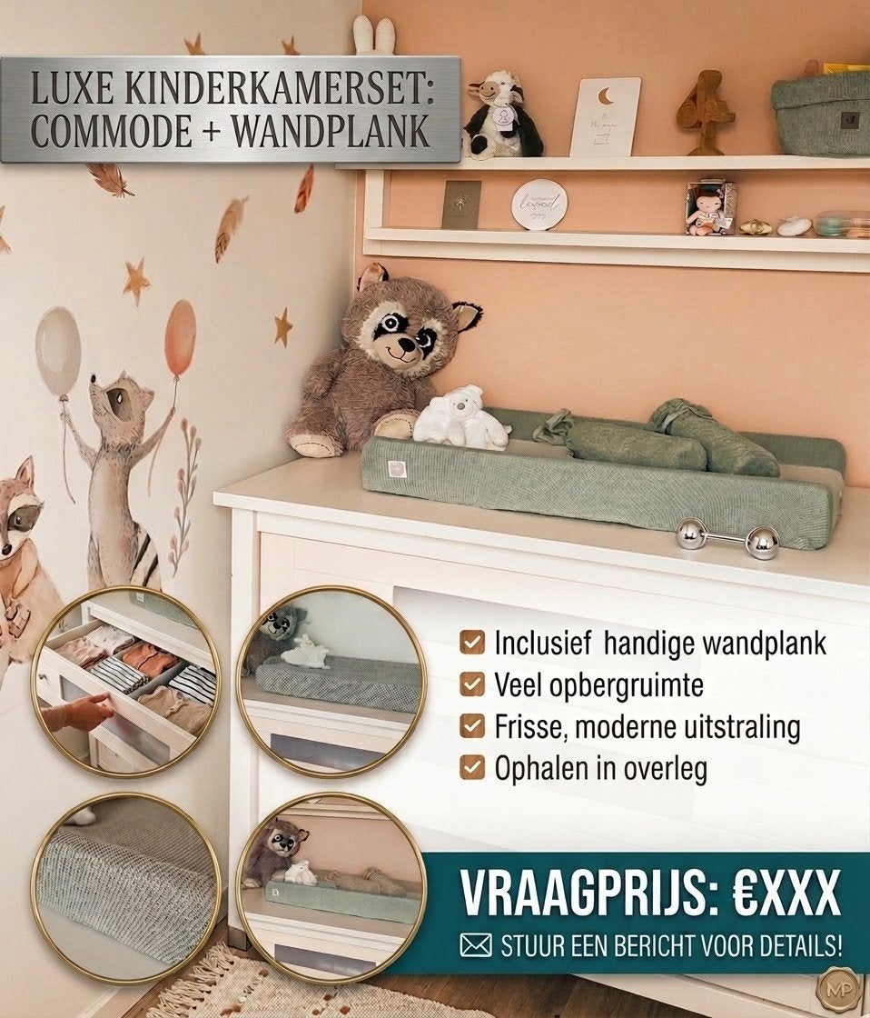 Commodo met Wandplank
Kinderkamer commode met wandplank
– ze, 50 tot 70 cm, Ophalen of Verzenden, 90 tot 105 cm, 100 cm of meer