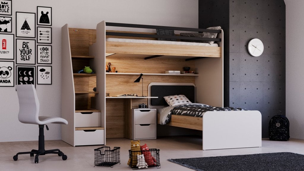New Options hoekstapelbed met bureau - 90x200 - Eiken/beige, Niet ingevuld, Niet ingevuld, Niet ingevuld