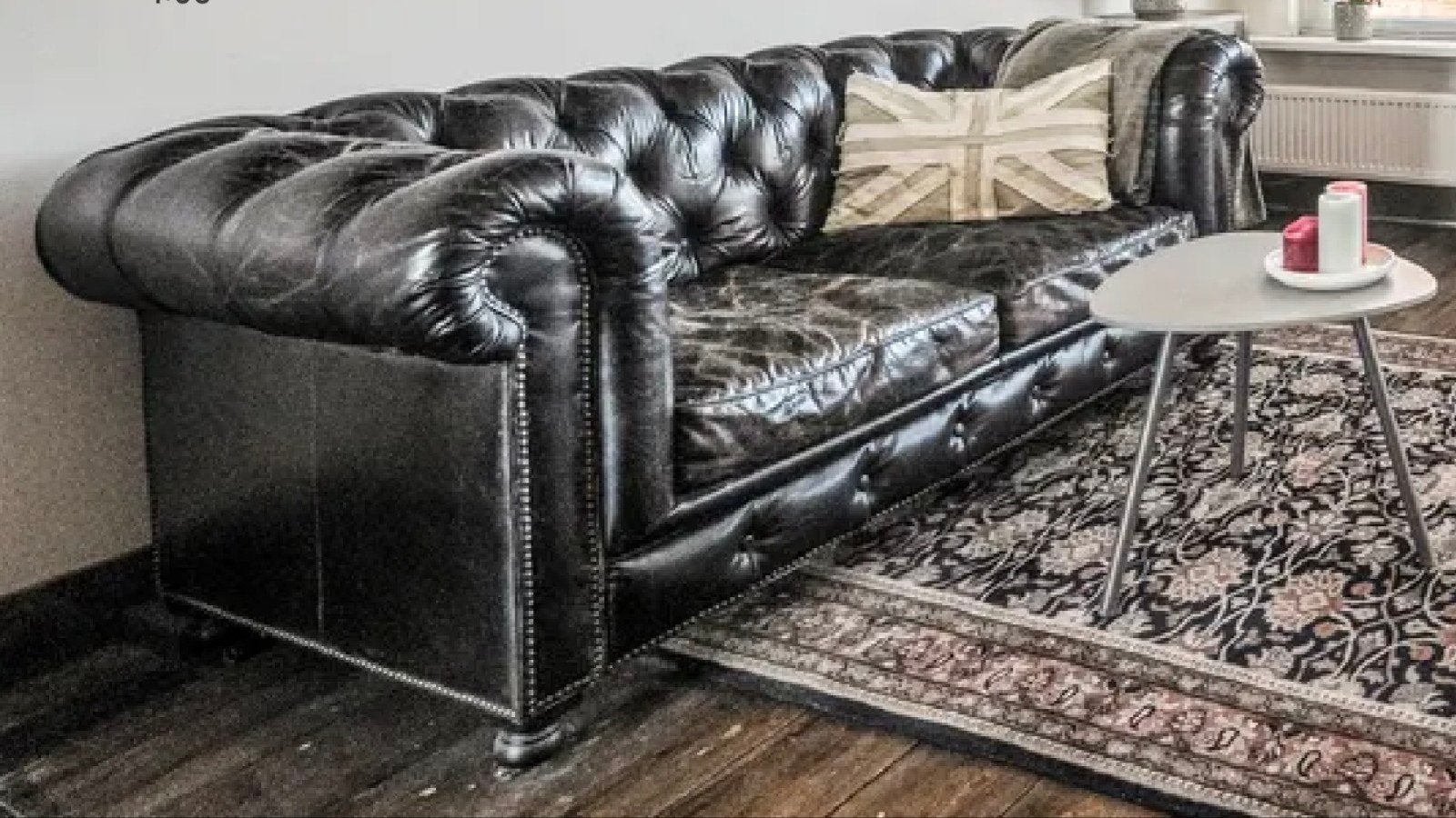 Chesterfield bank op wieltjes - Zwart leer, Ophalen, Gebruikt, Chesterfield, Tweepersoons