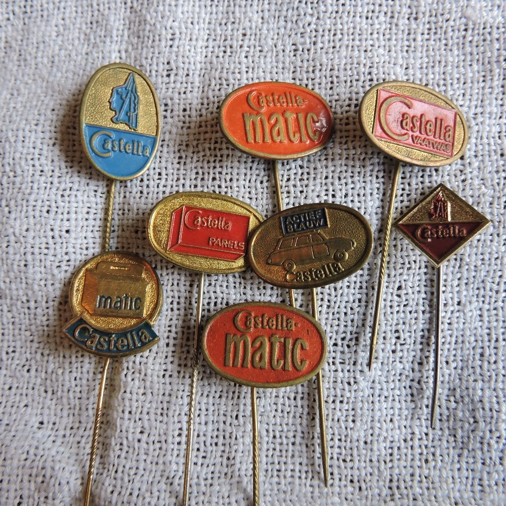 Set speldjes Castella zeep Dobbelman matic parels 8st pins, Ophalen of Verzenden, Zo goed als nieuw, Merk, Speldje of Pin