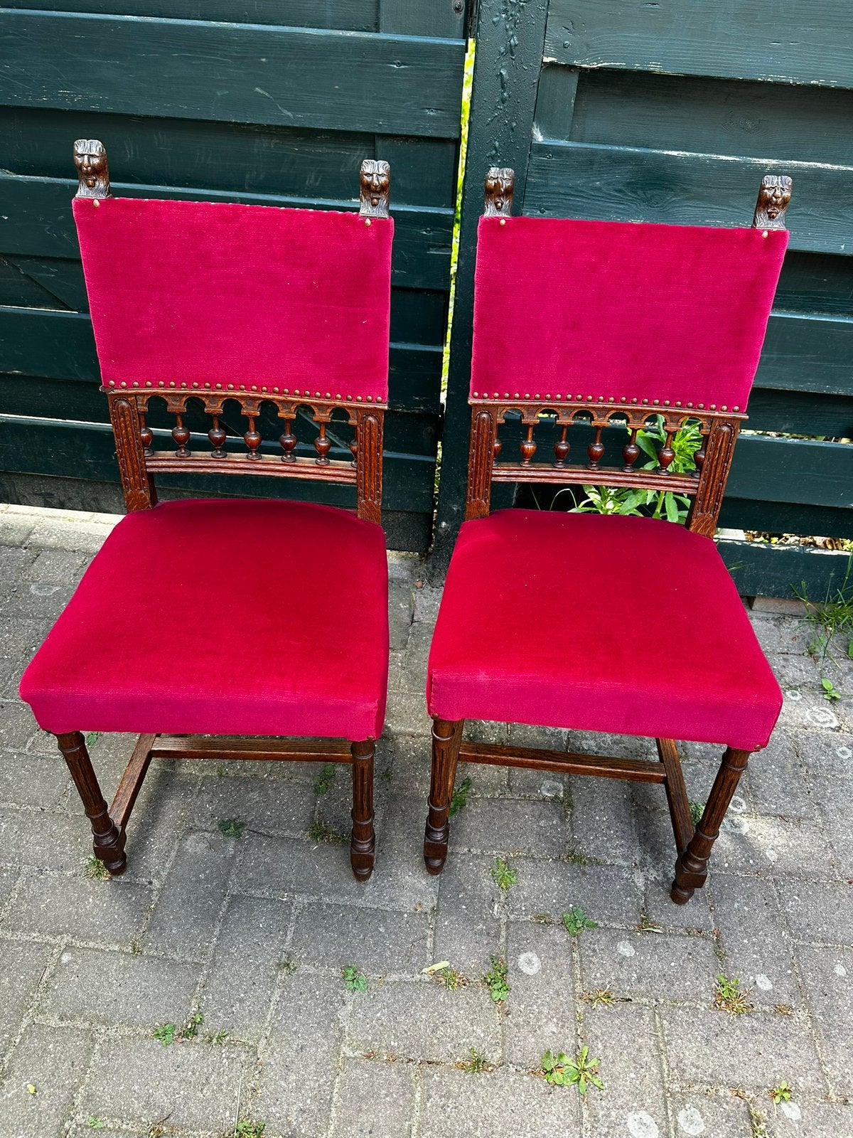 Antieke rode stoeltjes stoelen velours rood kasteelstoeltjes, Antiek en Kunst, Ophalen