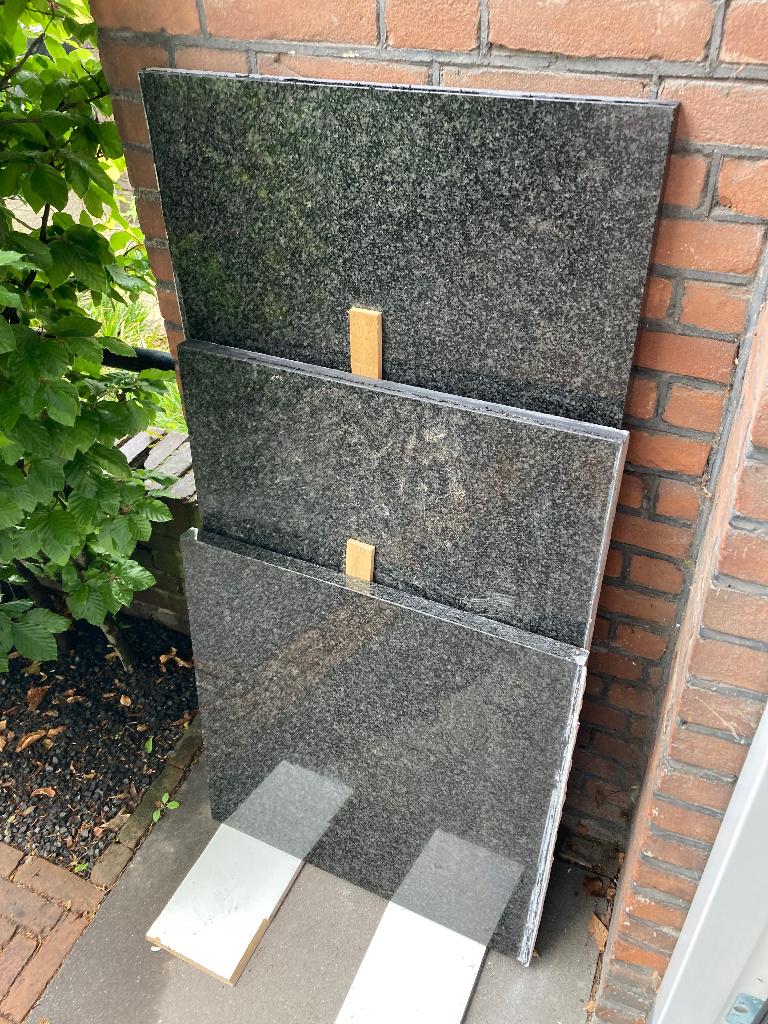 Prachtig zwart granieten keuken bladen | 4 stuks | 2,4m2, Ophalen, Gebruikt, Zwart, 50 tot 100 cm