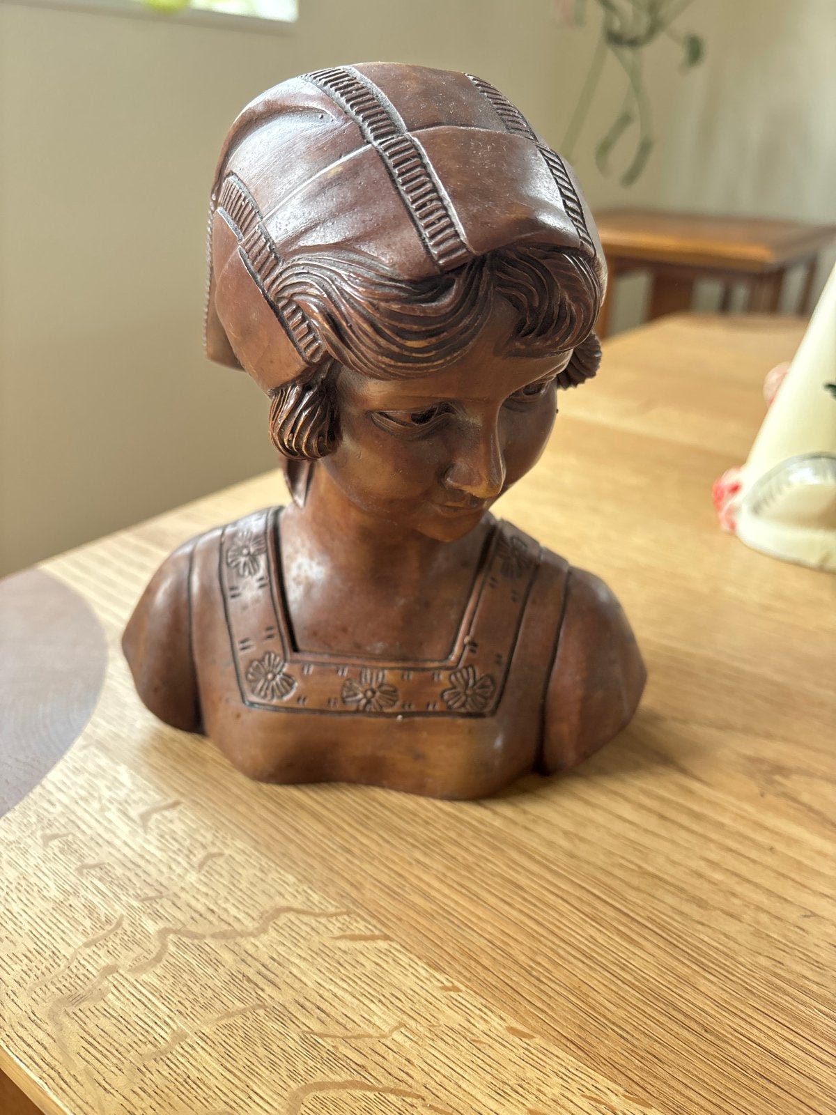 Vintage Houten Buste van Meisje met Hoofddoek, Ophalen, Minder dan 20 cm, Buste, Handgemaakt