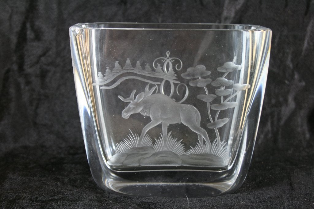 Zweeds kristallen vaas met gegraveerde eland 1950, Antiek en Kunst, Ophalen of Verzenden