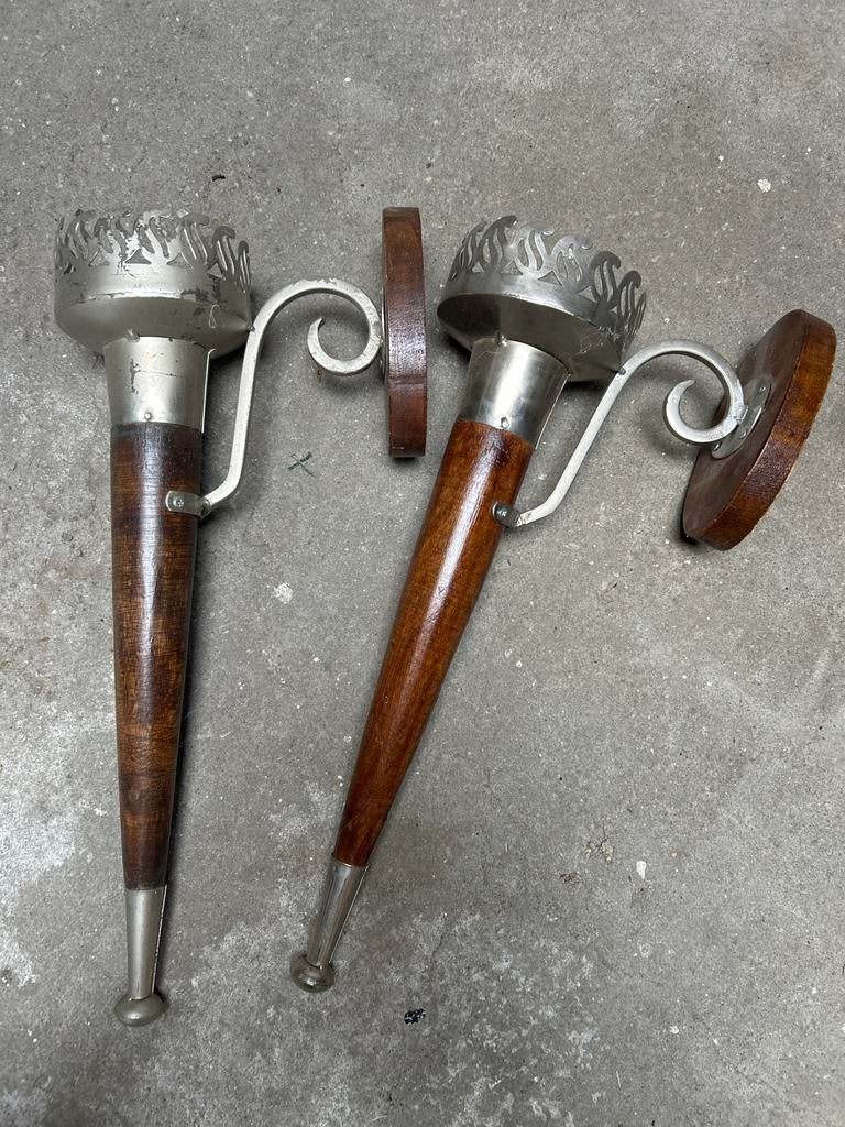 Set van 2 Vintage Wandkandelaars Hout en Metaal, Ophalen of Verzenden, Overige materialen
