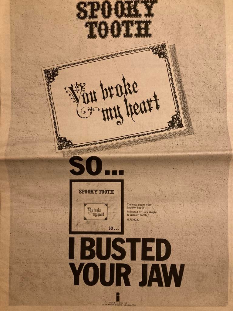 SPOOKY TOOTH You Broke My Heart A3 advertentie, Ophalen of Verzenden, Zo goed als nieuw, A1 t/m A3
