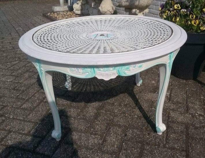 Witte Queen ann salon tafel met webbing en glas plaat, Ophalen