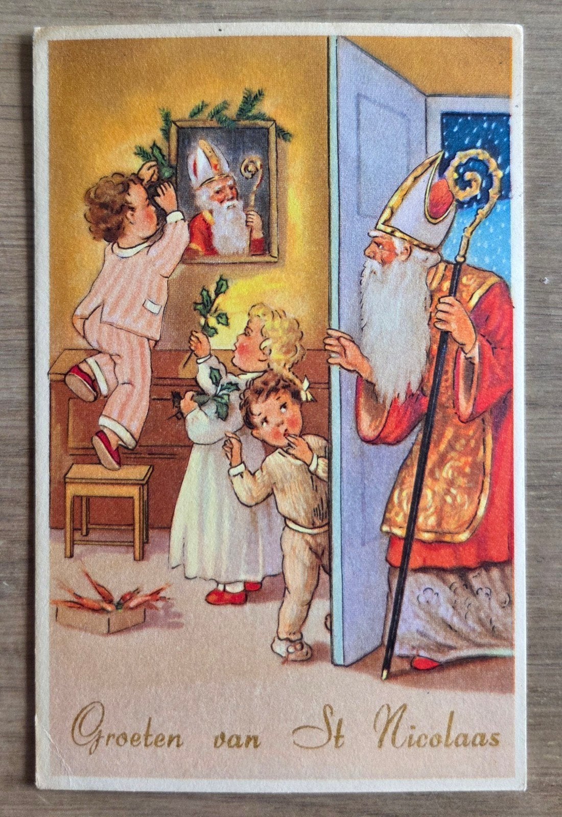 Oude ansichtkaart: Groeten van St Nicolaas - 1958, Ophalen of Verzenden, 1940 tot 1960, Gelopen, Feest(dag)