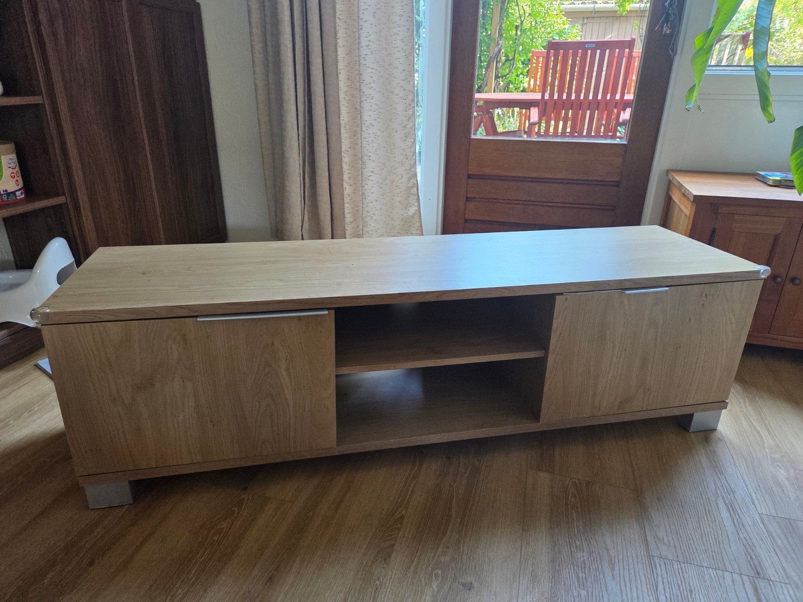Houten TV-meubel met opbergruimte, Gebruikt, 100 tot 150 cm, Minder dan 100 cm, Modern