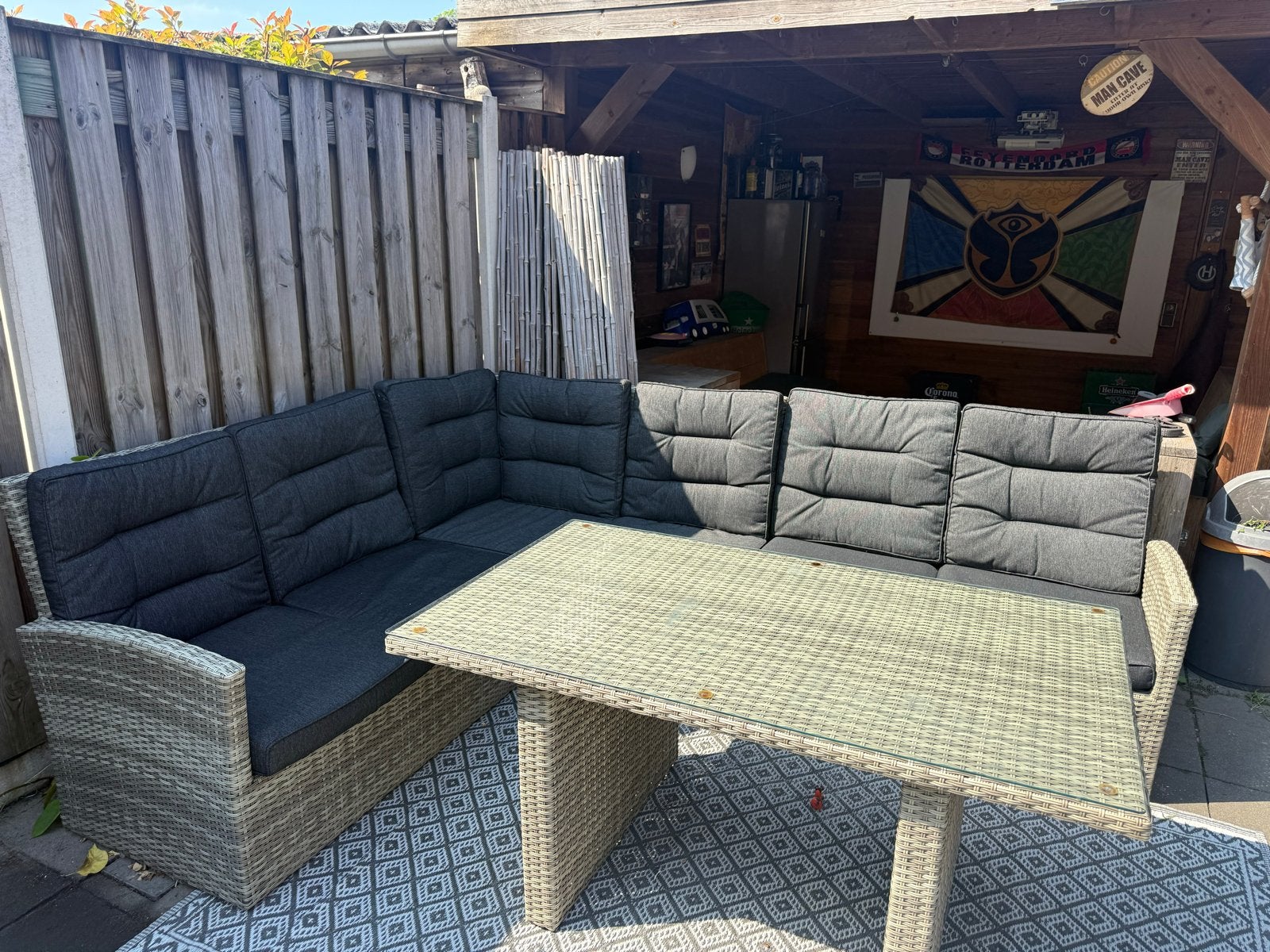 Wicker loungeset met tafel en kussens, Ophalen, 5 zitplaatsen, Gebruikt, Loungeset