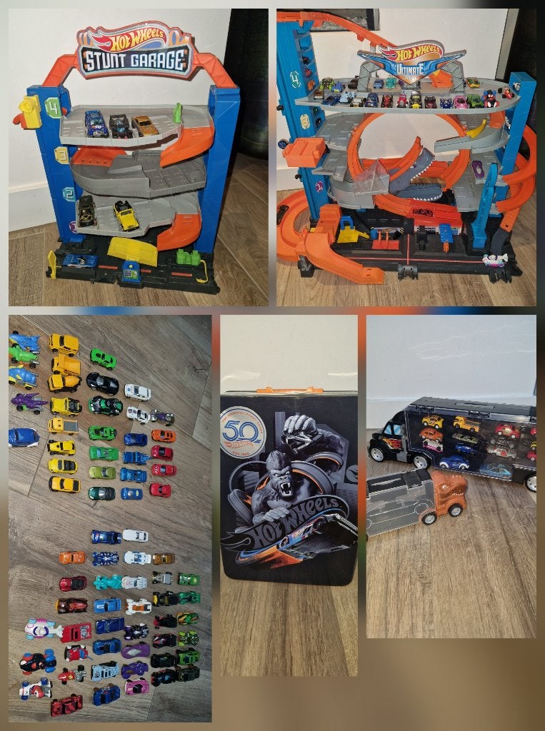 Grote set hotwheels auto's, 2 garage's, 2 opbergkoffers, Ophalen, Racebaan, Zo goed als nieuw, Met looping