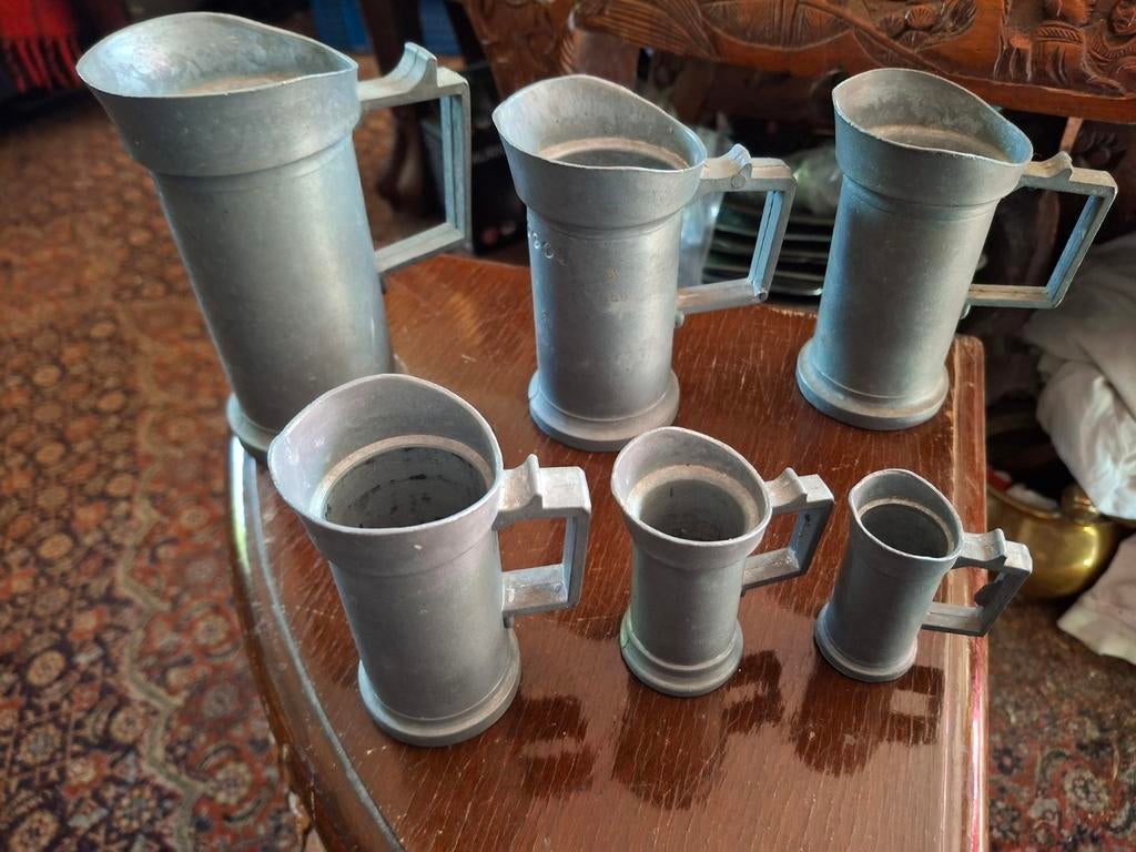 Set van 6 Antieke Tin Maatbekers - Diverse Maten, Ophalen of Verzenden