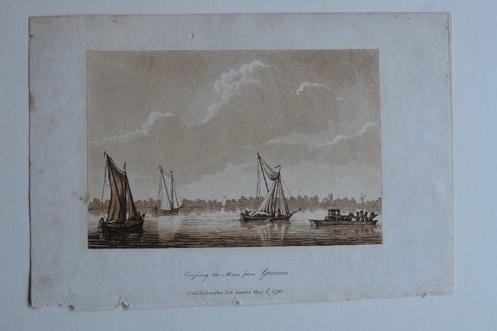 GORKUM GORINCHEM MAAS schepen Ferry Anno 1780 Aquatint GU6, 10 cm, Stadsgezicht, Origineel, 15 cm