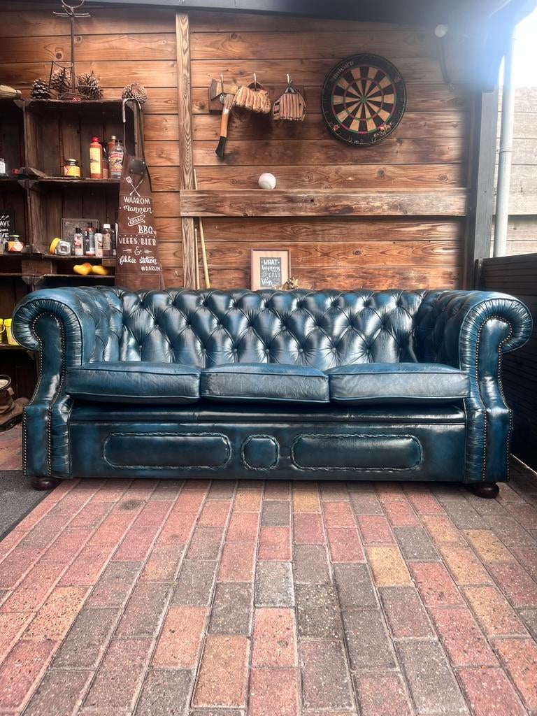 Chesterfield 3 zits in jeans blauw, Chesterfield, Driepersoons, Ophalen of Verzenden, Zo goed als nieuw