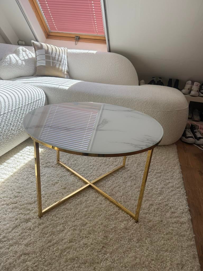 Ronde salontafel goud met marmerlook blad, Huis en Inrichting, Tafels | Salontafels, Ophalen, Rond, 50 tot 100 cm, Zo goed als nieuw