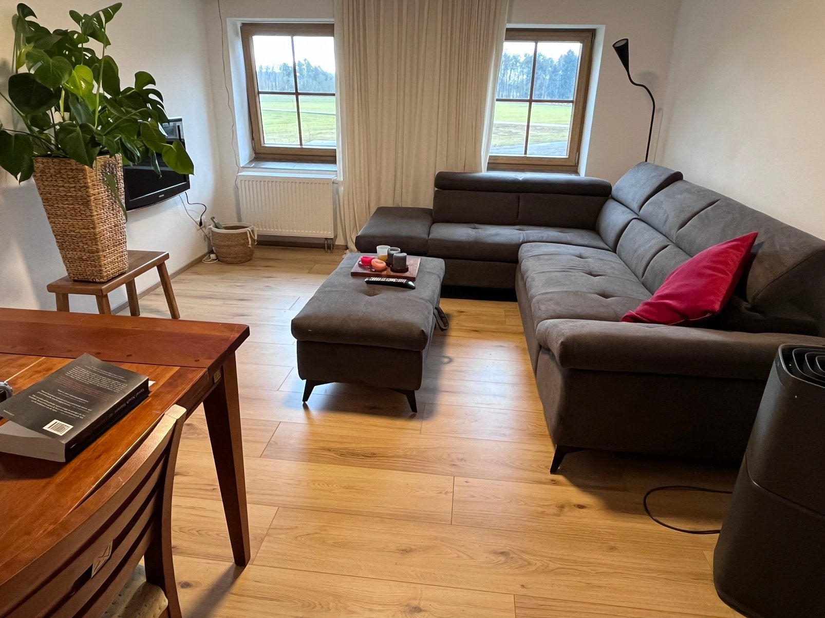 Hoekbank/slaapbank, taupe/grijs, 275x210cm, Ophalen, Zo goed als nieuw, Stof