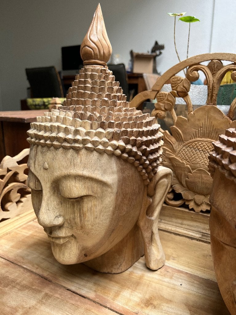 Boeddha hoofd massief teakhout handwerk houtsnijwerk Bali, Verburgt Vintage, 40 cm, Nieuw, Ophalen of Verzenden